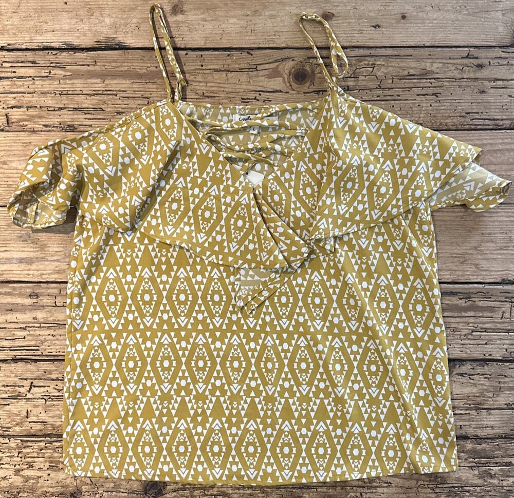 Indulge In Style Women’s Mustard Strappy Flowy Geometric Print Blouse Size L NWT